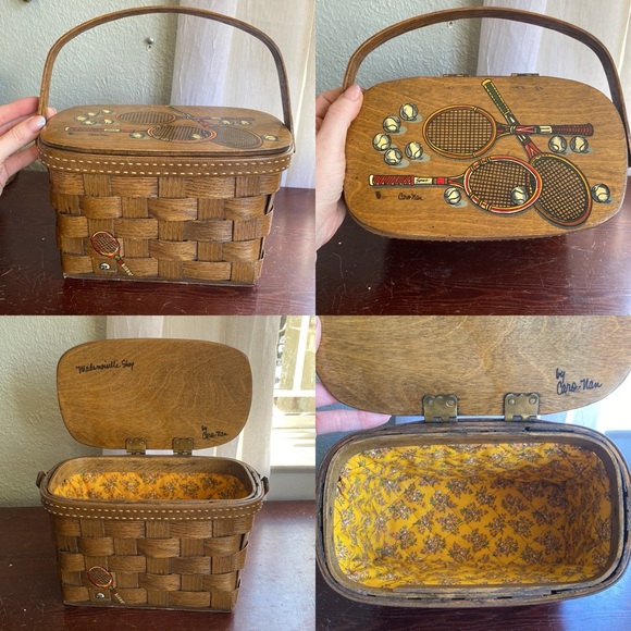 Caro Nan Handbags - VTG Caro-Nan Wicker Basket Weave Box Purse Tennis Hand Painted Lid Handle Retro
